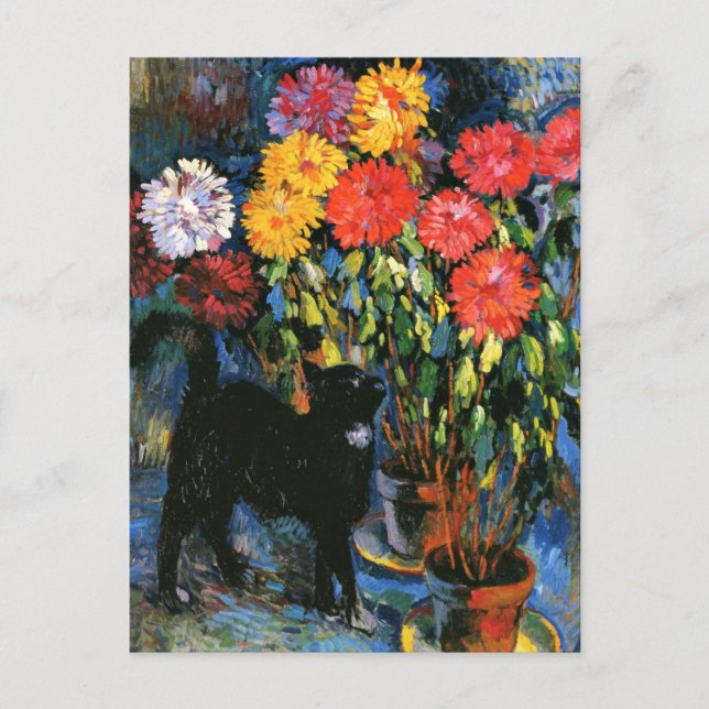 Cartão Postal Dahlias e Black Cat, pintura de arte (Frente)