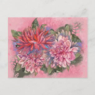 Cartão Postal Dahlias flores cor-de-água rosa