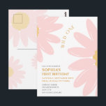 Cartão Postal Daisy Birthday Party Bohmian Wild One 1st Birthday<br><div class="desc">This design features an illustrated daisy,  combining pastel colors with modern typography. All text on this birthday invitation is editable. Find matching items in my shop.</div>