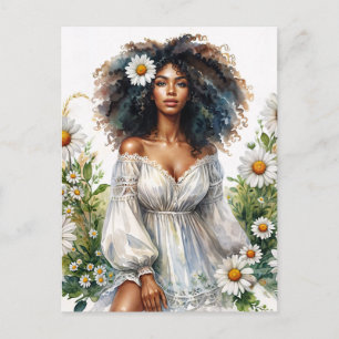 Cartão Postal Daisy Black Woman Curly Hair Summer Watercolor