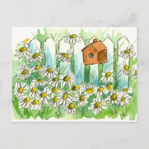 Cartão Postal Daisy Watercolor Flowers Bird House
