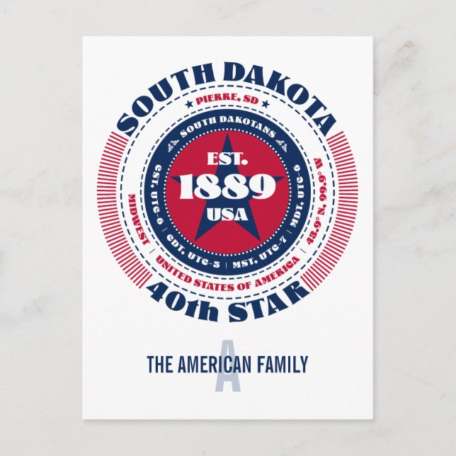 Cartão Postal Dakota do Sul, Pierre, SD, Patriótico, Monograma (Frente)