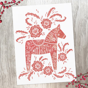Cartão Postal Dala Horse Red e White Suecos