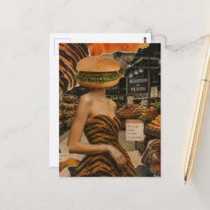 Cartão Postal Dama Abstrata Surrealista com Cabeça de Cheeseburg