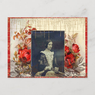Cartão Postal Dama Antiga com Rosas Vermelhas
