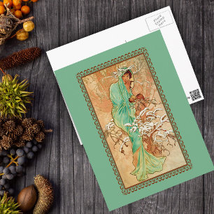 Cartão Postal Dama Art Déco Vintage Árvore Dourada Verde
