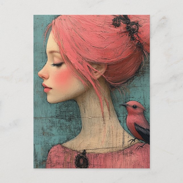Cartão Postal Dama com cabelo rosa e um pássaro no ombro (Frente)