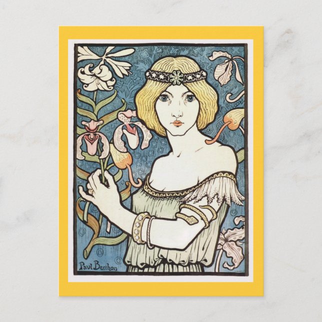 Cartão Postal Dama com Flores ~ Arte Nova "Salon des cent" (Frente)
