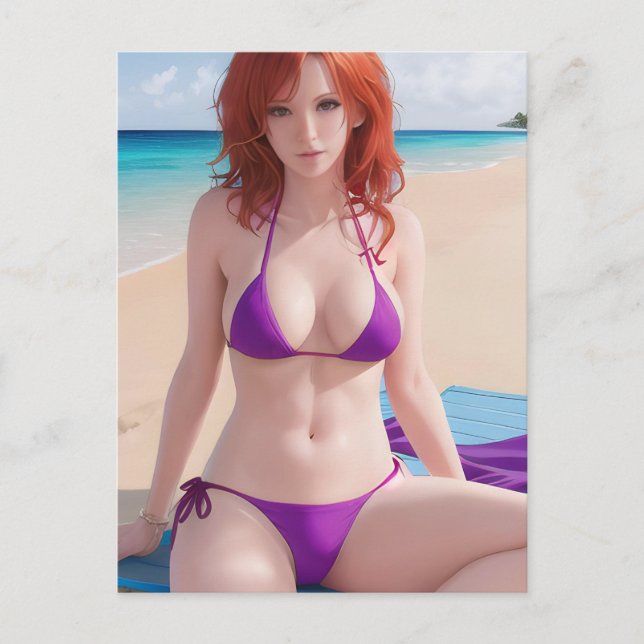 Cartão Postal Dama de cabelo vermelho em um Bikini roxo (Frente)