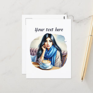 Cartão Postal Dama de café bonita adicione texto