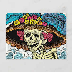Cartão Postal Dama de Crânio Açucarado com Chapéu Floral Pop Art
