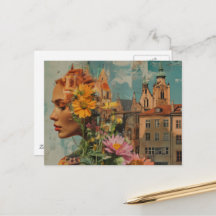 Dama de Dupla Exposição com Flores e Edifícios
