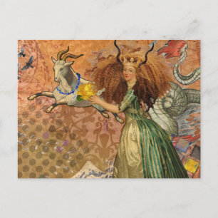 Cartão Postal Dama do Renascimento Capricórnio Fantasia Vintage