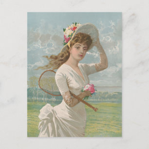 Cartão Postal Dama do Tênis Vitoriana com Chapéu Florido Antigo