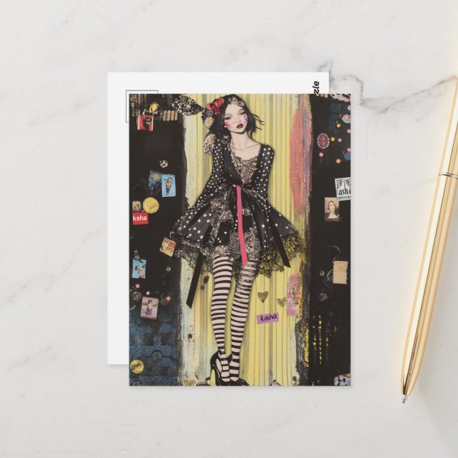 Cartão Postal Dama em Colagem de Moda Preta e Branca (Frente/Verso In Situ)