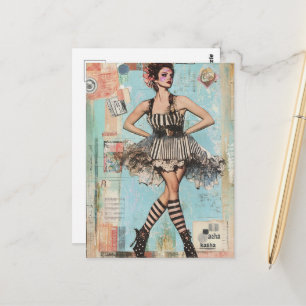 Cartão Postal Dama em preto e branco Colagem de vestido de moda