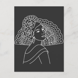 Cartão Postal Dama Espanhola Flamenca Com Leque Arte Tinta Desen
