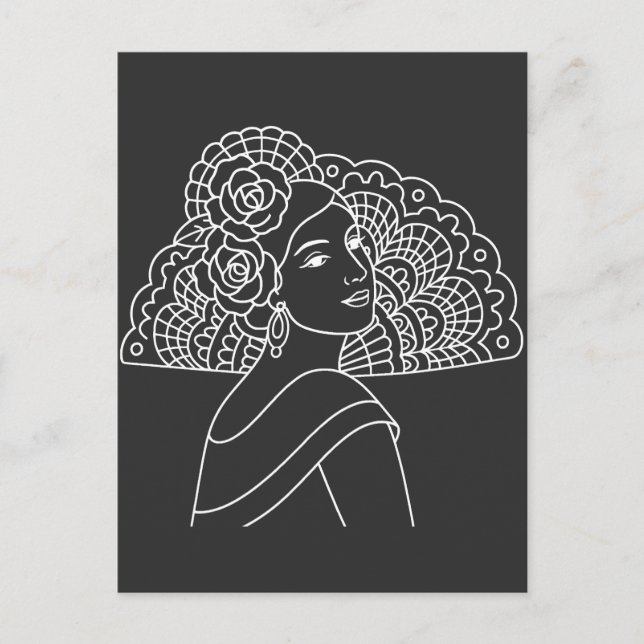 Cartão Postal Dama Espanhola Flamenca Com Leque Arte Tinta Desen (Frente)