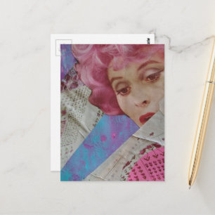 Cartão Postal Dama Retro de Cabelo Rosa Colagem Mídia Mista