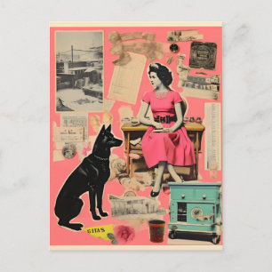 Cartão Postal Dama retrô em vestido com cachorro preto Colagem