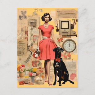 Cartão Postal Dama retrô em vestido com cachorro preto Colagem