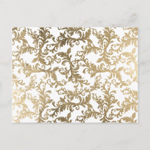 Cartão Postal Damasco floral branco de ouro sofisticado