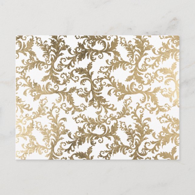 Cartão Postal Damasco floral branco de ouro sofisticado (Frente)