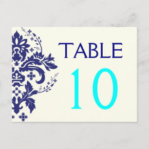 Cartão Postal Damask marinho blue, número da mesa de casamento 