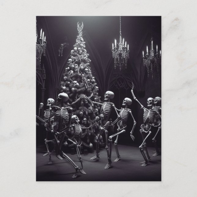 Cartão Postal dança macabra natal Skeletons em volta da árvore (Frente)