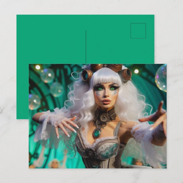 Cartão Postal Dançarino Verde Futurístico Vitoriano Steampunk (Frente/Verso)