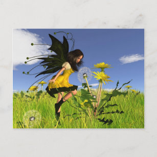 Cartão Postal Dandelion Fada com Fundo Springtime