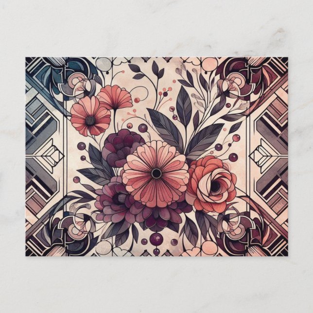 Cartão Postal Dark Romance Burgundy Art Deco Floral Summer (Frente)