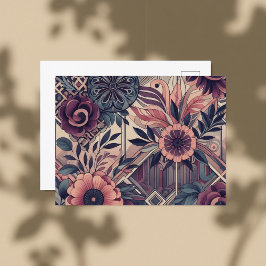 Cartão Postal Dark Romance Burgundy Art Deco Floral Summer