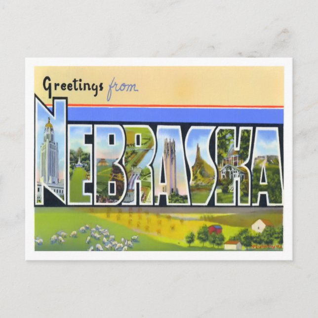 Cartão postal das Grandes Letras do Nebraska Vinta (Frente)