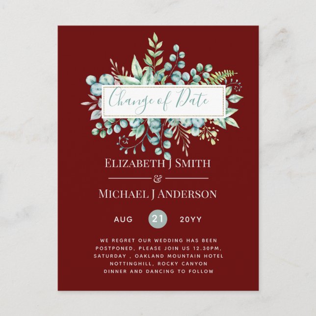 Cartão Postal Data da Alteração do Evento Verde Eucalyptus (Frente)