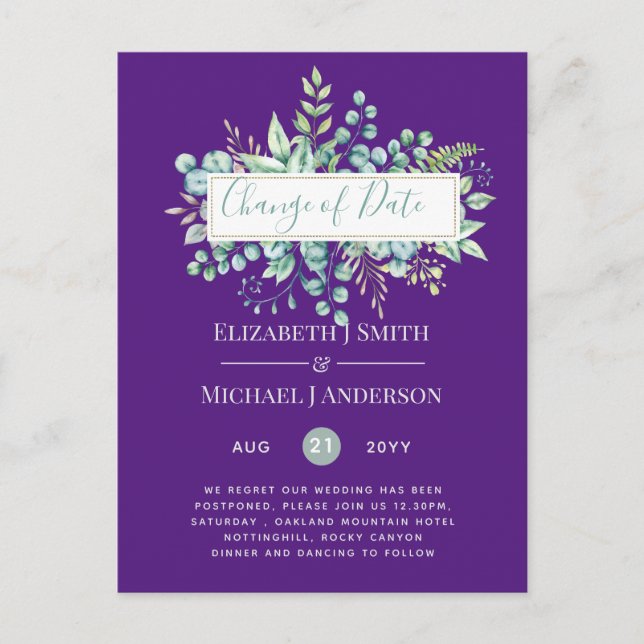 Cartão Postal Data da Alteração do Evento Verde Eucalyptus (Frente)