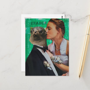 Cartão Postal Data de Baile Surreal com Foca Colagem Mídia Mista