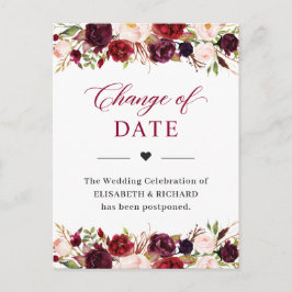Cartão Postal Data do Casamento Adiada Floral Bege Rosa Burgundy