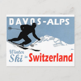 Cartão Postal Davos - Alpes, esqui de inverno na Suíça, retrô