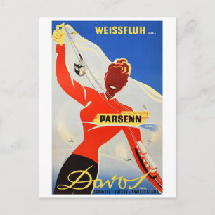 Cartão Postal Davos Parsenn, Rapariga Mostra Cabo Ski Lift
