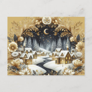 cartão postal de aldeia de inverno dourado e preto