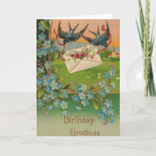 Cartão Postal de Aniversário Antigo Pássaros e Flo