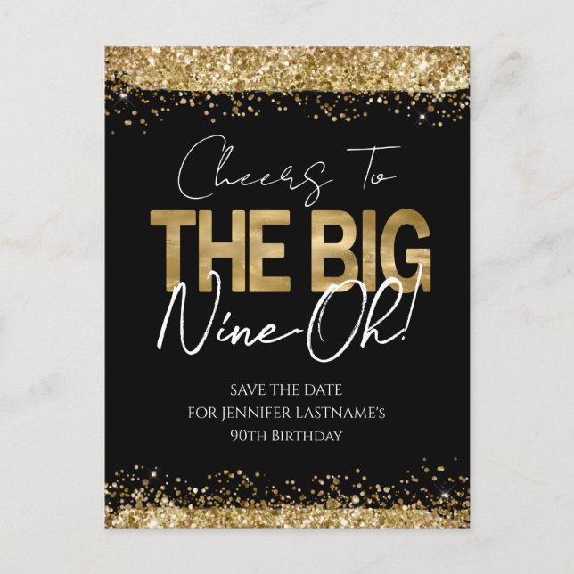 Cartão postal de aniversário de 90 anos dourado e  (Frente)