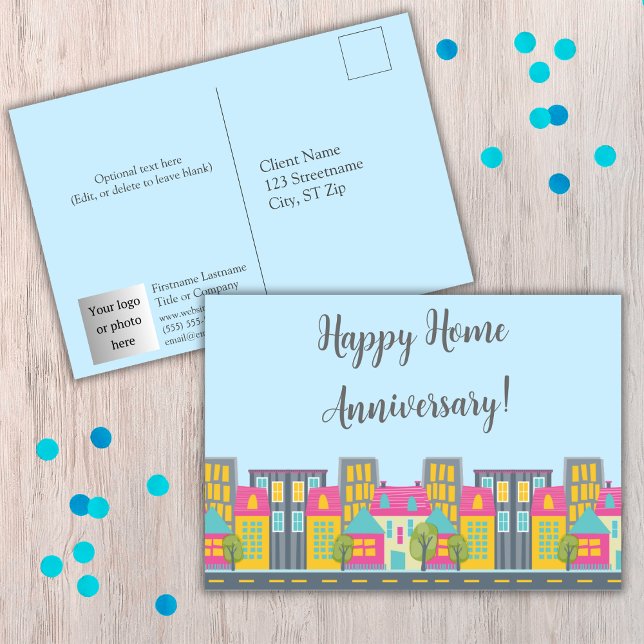 Cartão postal de aniversário de casa feliz com fot (Happy Home Anniversary postcards for realtors. Add your photo/logo, contact information, and text.)