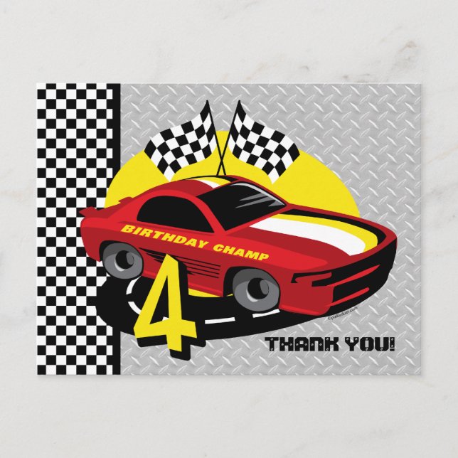 Cartão postal de aniversário Race Car 4º (Frente)