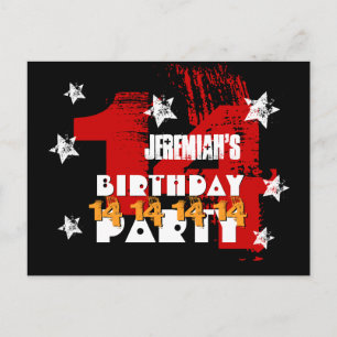 Cartão Postal De Anúncio 14 Festa de aniversário Grunge RED DOURADO PRETO