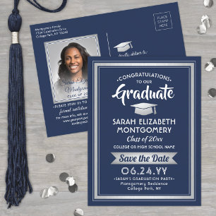 Cartão Postal De Anúncio 1 Marinho de fotos Blue & White Graduation (Gradua