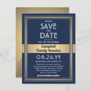 Cartão Postal De Anúncio 1 Photo Family Reunion Save the Date Blue and Gold