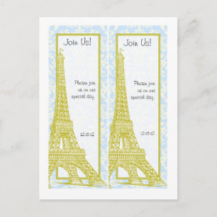 Cartão Postal De Anúncio 2 Casamento em Paris Blue Damask Save Date Bookmar