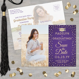 Cartão Postal De Anúncio 2 Fotos Graduação Salve a Data Roxo e Dourado